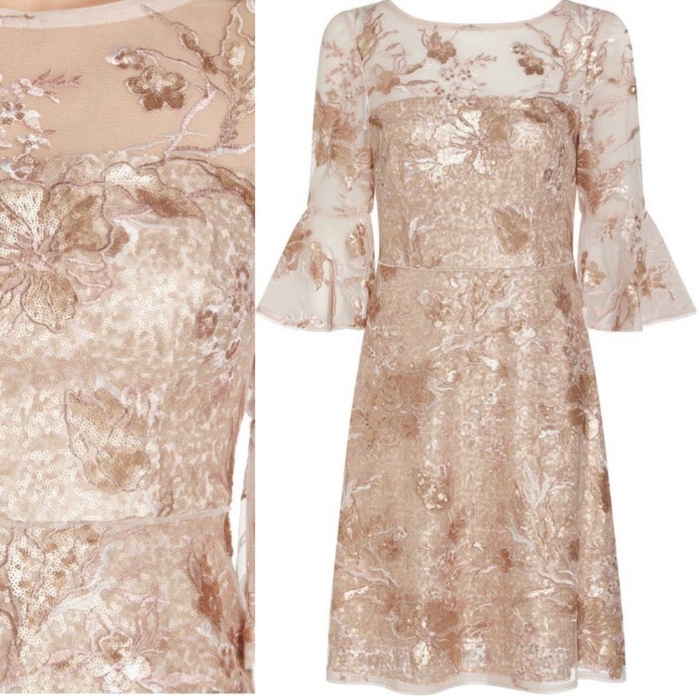 adrianna papell embroidered bell sleeve sequin cocktail dress in joyful blush - Picture 3 of 4